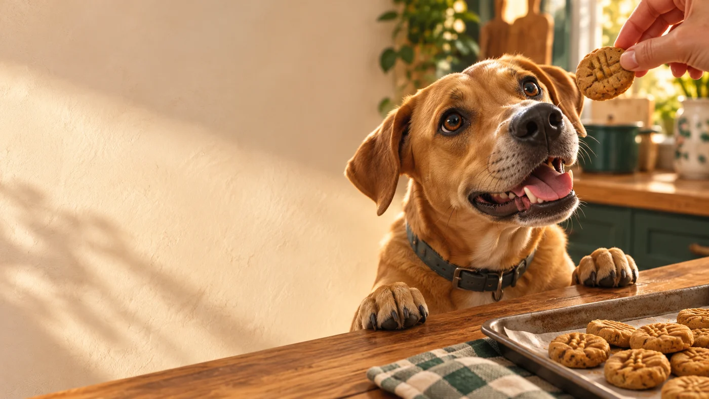 Cão caramelo esperando um petisco caseiro na cozinha