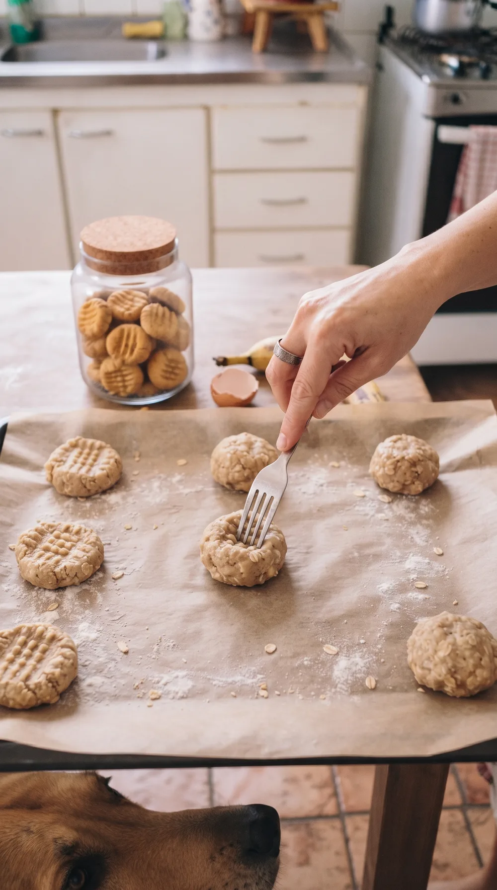 Mãos modelando biscoitos sobre uma assadeira, com um cão ao lado da bancada